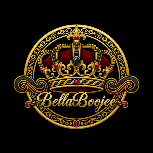 Gold Black and Red logo with a princess crown and in the middle is written BellaBoojee. The Background needs to be transparent